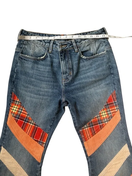 Free People We The Free Flashback Patchwork Plaid Corduroy Flare Jeans NWOT - Picture 4 of 9
